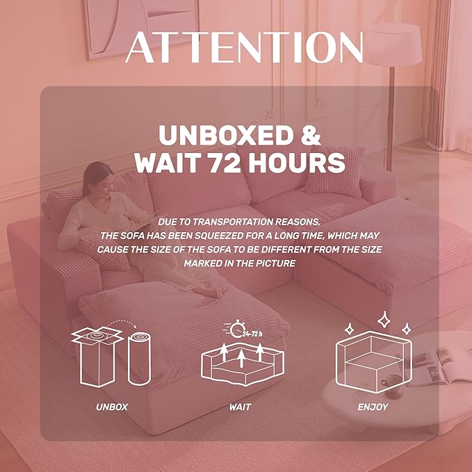 Afuson 107" Boneless Couch with Deep Seat, Modular Sectional Sofa, Cloud Sectional Couch for Living Room, No Assembly Required, Corduroy, U-Shape 3 Seater Left, Pink