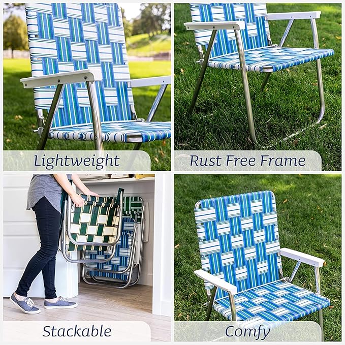 Lawn Chair USA - Outdoor Chairs for Camping | 2- Pack (Green and White Stripe & Yellow and White Stripe, Classic)