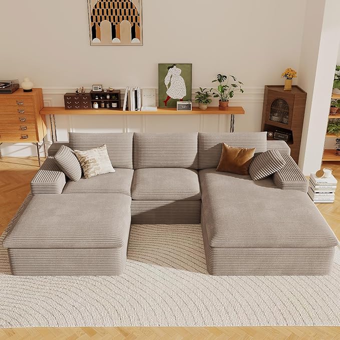 107" Cloud Sectional Couch with U-Shaped Chaise,Viral Corduroy Boneless Sofa with Ottoman,Memory Foam Couches in a Box with Deep Seat for Living Room,No Assembly Required (Camel,Right-Facing Chaise)