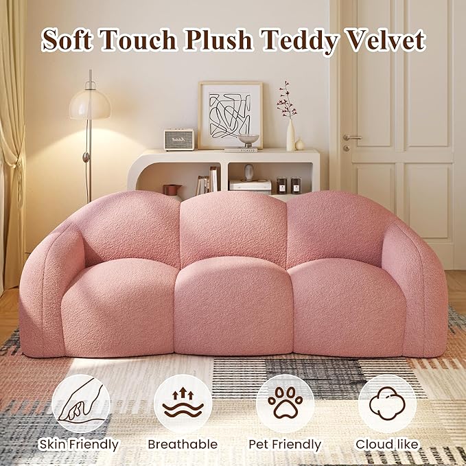 WJShome 90" Boneless Cloud Couch, Modern Curved Upholstered Boucle Sofa, Deep Seat Cozy 3 Seater Sofa, Plush Teddy Velvet Couches for Living Room, Bedroom, Apartment (Pink)