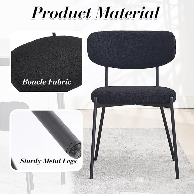 KCC Boucle Dining Chairs Set of 4, Modern Mid-Century Upholstered Stylish Kitchen Chairs Sherpa Accent Diner Chairs with Metal Legs and Curved Back for Kitchen, Dining Room(Black)