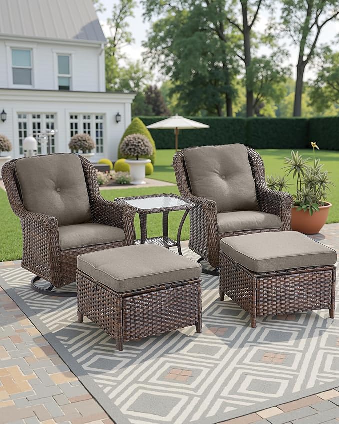 ACTREST 3 Piece Patio Swivel Chairs and Side Table Set - High Back Outdoor Brown Wicker Rattan Rocking Glider with Thick Cushions for Porch Apartment Deck Yard Poolside Garden - Grey