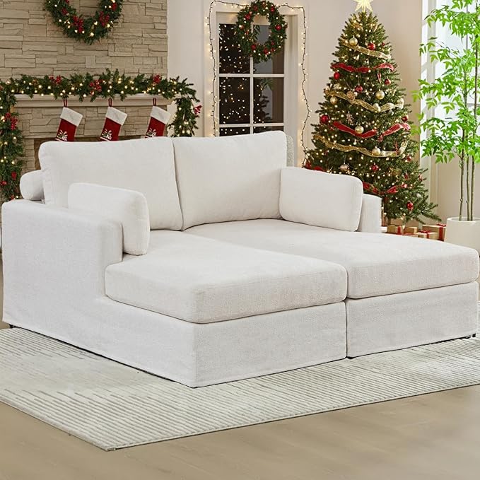 Arouseden 63" Beige Chaise Lounge Chair Indoor,Oversized Double Chaise Lounge with Headrests Offer Neck Comfort,Chenille Sectional Couch,Cozy Oversized Chairs with Armrests and Throw Pillows