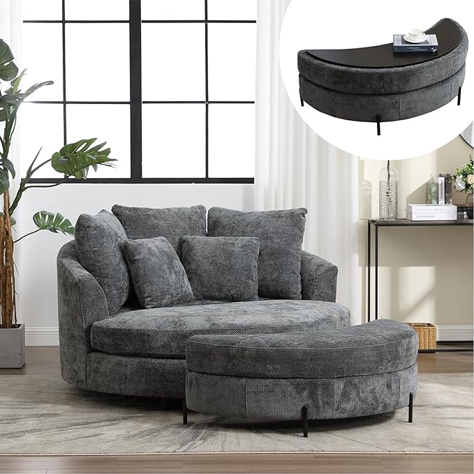 Chifee & Vingol 59.8" W Oversized Accent Barrel Chair Round Chair with Ottoman & Movable Wheels,Charcoal