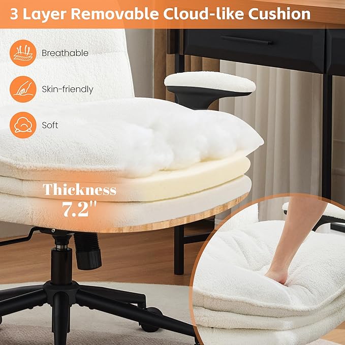 Criss Cross Chair with Flip-up Arms, Wide Criss Legged Chair with 3 Layer Cushion, Ergonomic Office Desk Chair with Wheels, Swivel Vanity Chair for Office, Living Room, Bedroom, Boucle White