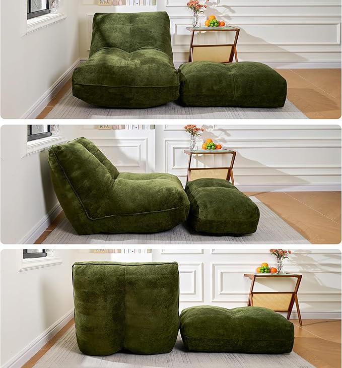 Cvortll Bean Bag Chair with Ottoman, Comfy Bean Bag Sofa with Memory Foam, Lazy BeanBag Sofa with Footstool, Fireside Bean Bag Couch for Living Room, Bedroom, Apartment (Green)
