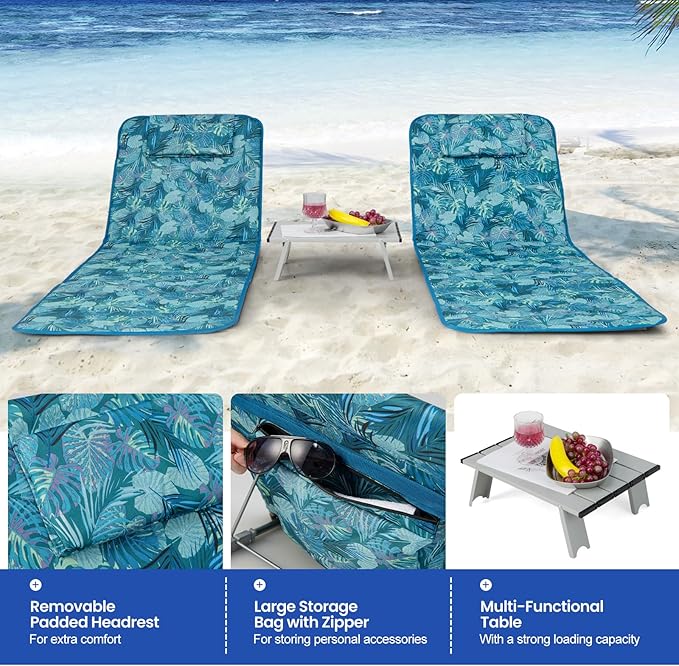 Nightcore 3-Piece Beach Chairs Set for Adults, Adjustable Lawn Chair with Side Table for Outdoor Relaxing & Sun Tanning, Portable & Folding Recline Chaise Lounge for Beach, Patio, Camping (Teal)