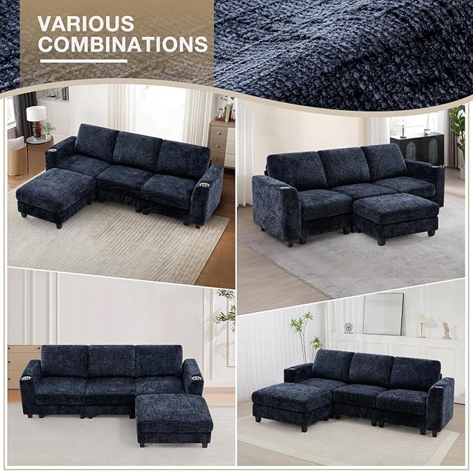 Lesofair 87" Convertible L-Shape Couch with Flexible Ottoman, Soft Sectional Sofa with 2 Built-in Cup Holders, Chenille 3 Seats Sofa with Well-Filled Back Cushions for Living Room, House, Blue