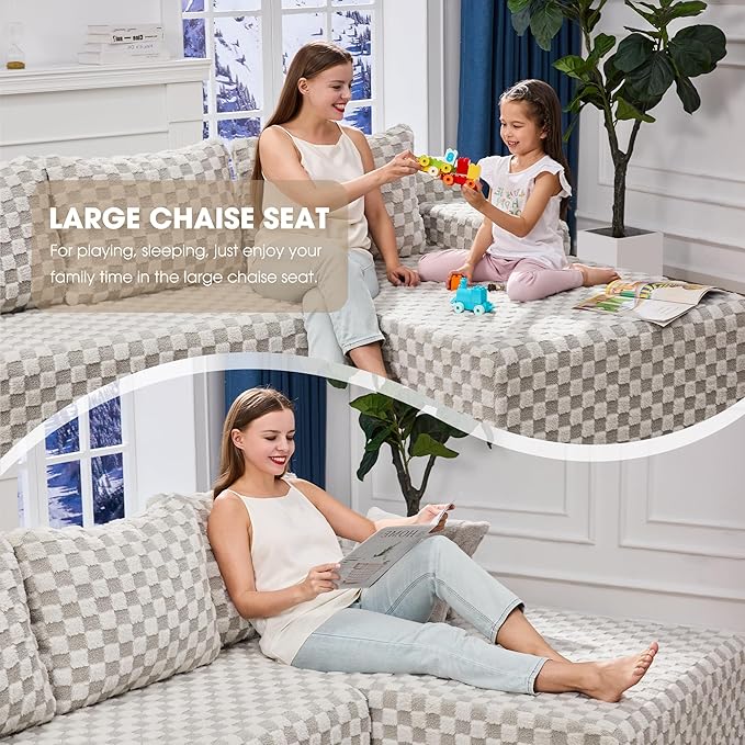 Modular Sectional Sofa Couches L-Shape Couch 3 Seat Modular Sofa Memory Foam Sectional Couches for Living Room, Cloud Couch with Oversized Chaise (GREYGREEN Check, 96" Right Facing Chaise)