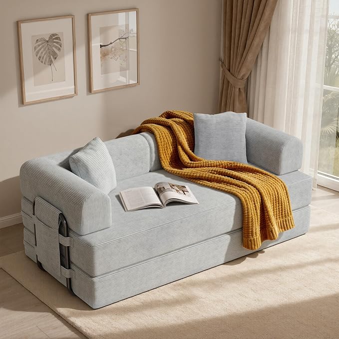 Convertible Corduroy Sleeper Sofa Bed with Cylindrical Pillows, Convertible Mattress Sofa with Fixed Shape Frame, Living Room Bedroom Lounge Studio Use Floor Sofa Lounge,Grey