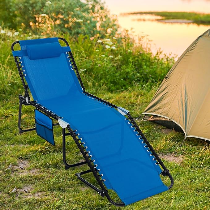 Tangkula Beach Lounge Chair for Outside, Folding Chaise Lounge Outdoor with 4-Position Backrest, Removable Headrest and Side Pocket, Portable Sunbathing Tanning Chair for Patio, Poolside (2, Navy)