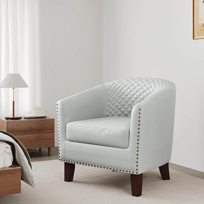 DREAMSIDEA Accent Barrel Chair, Upholstered Faux Leather Club Chair with Nailed Trim, Comfy Reading Armchair for Living Room Bedroom Reception Room Office (White, Set of 4)
