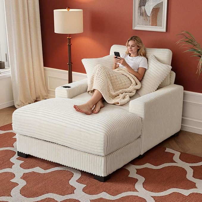 Oversized 60" Chaise Lounge Chair with Adjustable Backrest, Solid Wood Frame Corduroy Upholstery, Cup Holder USB & Type-C Port, 2 Pillows Sleeper Couch Deep Seat for Living Room, Bedroom, White