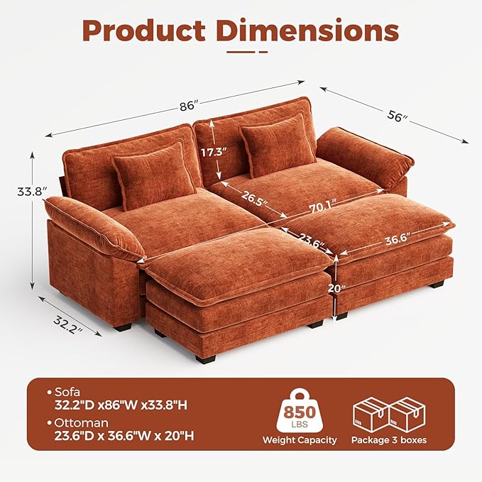 CDCASA 86" Modular Sectional Sofa, Comfy Cloud Couch with 2 Movable Ottoman, 4-Seater Chenille Deep Seat Sofa Bed Modern Sofa Couch for Living Room, Terracotta Orange