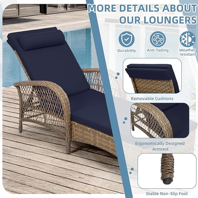 WINGTU Outdoor Chaise Lounge Chair, PE Wicker Long Recliner Patio Lounge Chair with Cushion, 6-Position Patio Reclining Sun Lounger with Adjustable Backrest for Poolside, Armrest & Pillow, Navy Blue