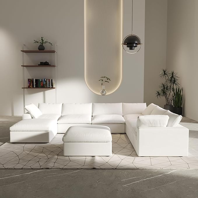 8 Seater Cloud Sectional Couch, Oversize Modular Sofa, Modern Comfy Cloud Sofa with Storage Ottomans, Covers Removable, Convertible Sleeper Couch for Living Room Apartment (White, Linen Fabric)