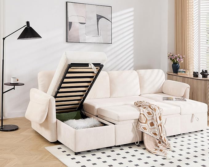 Tbfit 109'' Pull Out Sofa, Sleeper Sofa Bed with USB & 2 Storage Chaises, Comfy Oersized U Shaped Convertible Sectional Sleeper Couches for Living Room, Apartment, Office, Beige