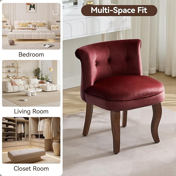 WUTUTUEE Velvet Vanity Chair with Solid Wood Legs, Tufted Upholstered Vanity Stool with Back, Mid Century Small Makeup Accent Chair for Bedroom, Living Room, Burgundy