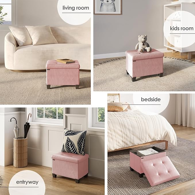 Storage Ottoman Cube with Small Bin, 16-in Square Ottoman with Storage for Living Room and Bedroom, Small Ottomans Foot Rest, Faux Leather Foot Stools Ottomans Max 330lbs, Pink