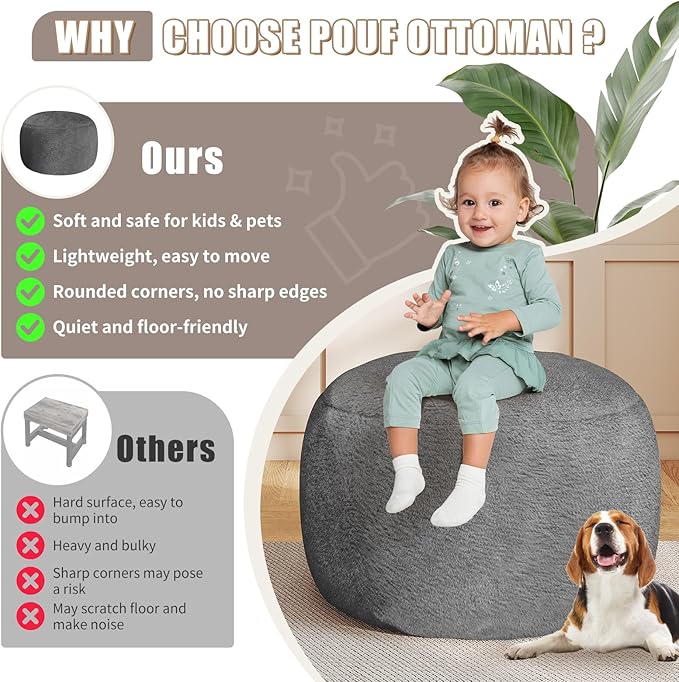 Gericco Round Pouf Ottoman Foot Rest, 29 X 18Inch Floor Poufs Footstool, A Round Modern Foam Filled Foot Stool for Living Room, Home, Nursery, Dorm, Outdoor (Grey, 29Inch)