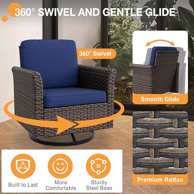 COOS BAY Harbor Retreat 6 Piece Outdoor Furniture Set, Patio Conversation Set with Swivel Rocking Chairs, 3 Seat Couch, Side Table and Ottomans, Wicker Furniture, Brown/Blue