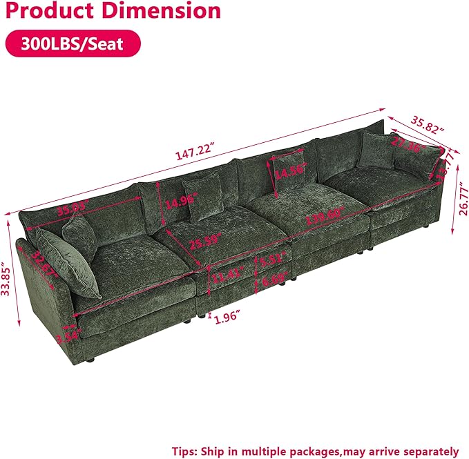 Aoowow Modular Sectional Sofa,147.2 Inch Deep 4-Seater Sofas Comfy Chenille Cloud Sofas and Couches with Pillows for Living Room Apartment（Green）