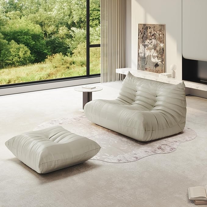 Bean Bag Chair for Adults, Fireside Chair Lazy Floor Sofa, Modern PU Faux Leather Caterpillar Sofa Couch, Armless Foam Lounger Tatami Recliner Bean Bag Couch for Living Room Bedroom Dorm Office