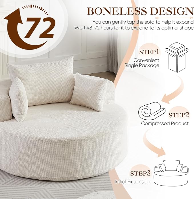 Antetek Oversized Round Chaise Longue Chair Indoor, Modern 55-inch Upholstered Waffle Chenille Deep Seat Circle Single Cloud Lounge Floor Sofa Chair for Living Room, Bedroom Apartment, Beige