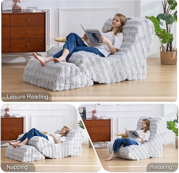 Gaint Bean Bag Chairs for Adults, Beanbag Lounge Filled with Memory Foam, Adjustable Angle, Velvet Fabric, with Detachable Footrest for Bedroom, Living Room and Nursery(Grayish)