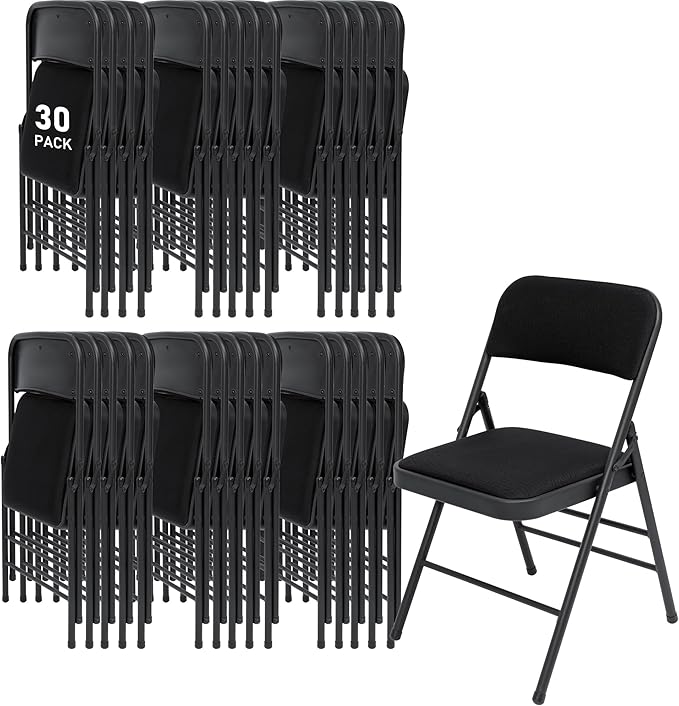 SEALAMB 30 Pack Padded Folding Chairs, Durable Metal Folding Chairs with Fabric Seat & Back for Home Office Wedding Party Events, 350lb Capacity (Black-Fabric, 30 Pack)