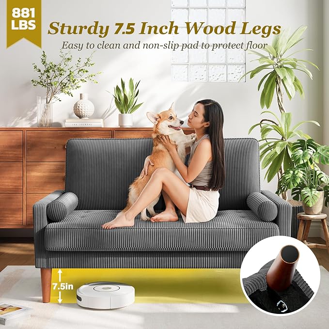 Loveseat Sofa with Solid Wood Legs,48" Small Corduroy Couches for Small Spaces, Mid Century Modern Love Seat for Living Room, Bedroom, Easy Assembly with Throw Pillow, Grey