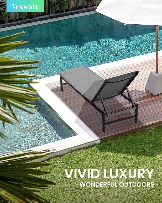 Lounge Chaise Outdoor, Aluminum Pool Lounge Chairs with 5-Position Recliner, Patio Lounge Chair for Backyard, Poolside, Lawn, Dark Gray