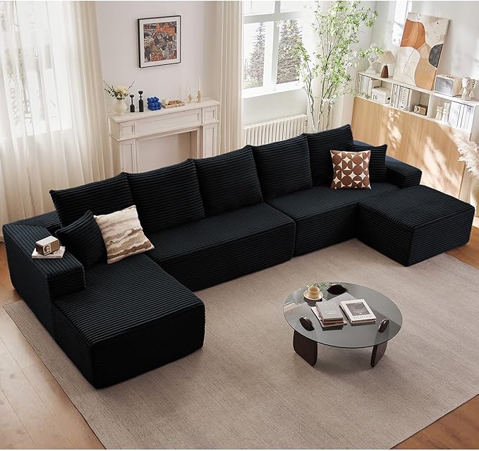 Lakifun 166.9" L-Shape Sofa with Ottoman, Modern Modular Sectional Comfy U-Shape Cloud Couch, Deep Seat, Upholstered Corduroy Sleeper Chaise Longue for Living Room Bedroom, No Assembly Required, Black