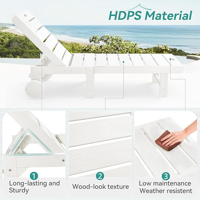 Homenjoy Outdoor Chaise Lounge Chairs with Table, 2-Piece, 26.8” Super Wide Lounge Chair Outdoor, HDPS Pool Chairs with 5 Positions, Patio Lounge Chair with Wheels for Pool,Lawn,Backyard, White