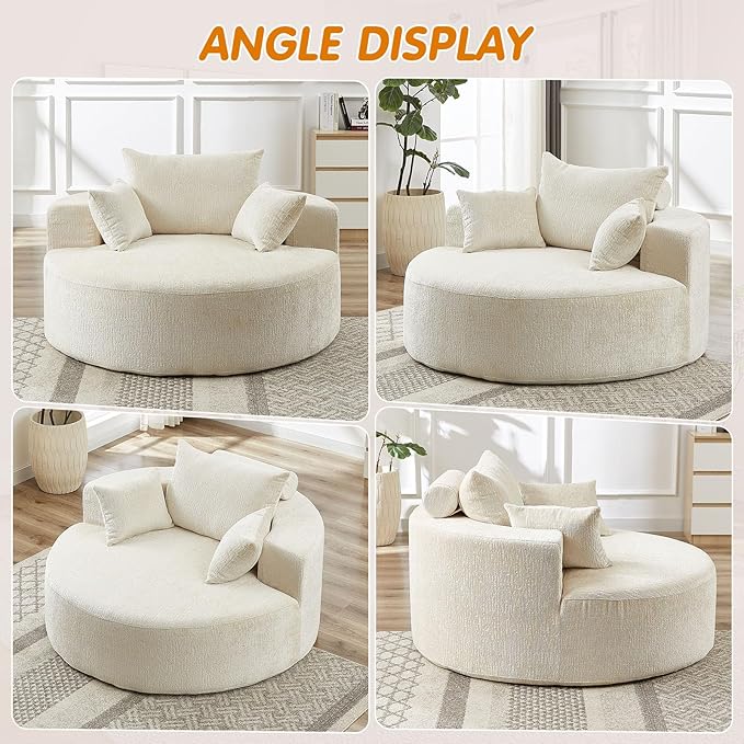55"W Oversized Round Chair Lounge Chaise Indoor, Upholstered Comfy Circle Sofa Armchair, Modern Cozy Boneless Foam Floor Reading Chair for Living Room, Bedroom, No Assembly Required(Chenille, Beige)