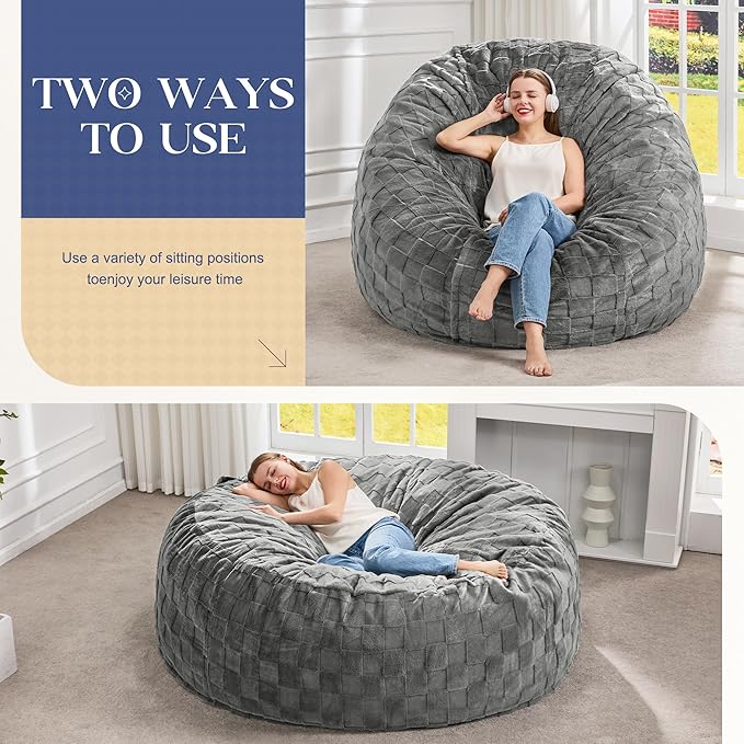 Hobestluk Bean Bag Chairs Beanbag Chair with Filler Adult Bean Bags with Fluffy Cover, Giant Bean Bag Chairs for Aduts for Living Room, Bedroom (Grey, 6FT - 70" x 70" x 15")
