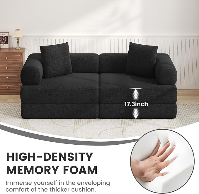 DURASPACE 78'' Folding Convertible Sofa Bed Boneless Foam Sectional Couches with Fixed-Shape Frame, Modular Floor Sleeper Sofa for Living Room (Chenille Black)