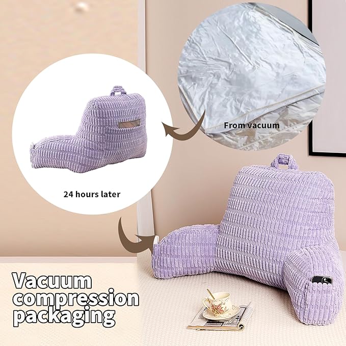 PAJEO Reading Pillow for Sitting in Bed, Large Backrest Reading Pillow with Arm Rest,Back-Rest Support Cushion for Sit Up on Couch, Sofa, and Floor (Light Purple Corduroy, Standard(17"))