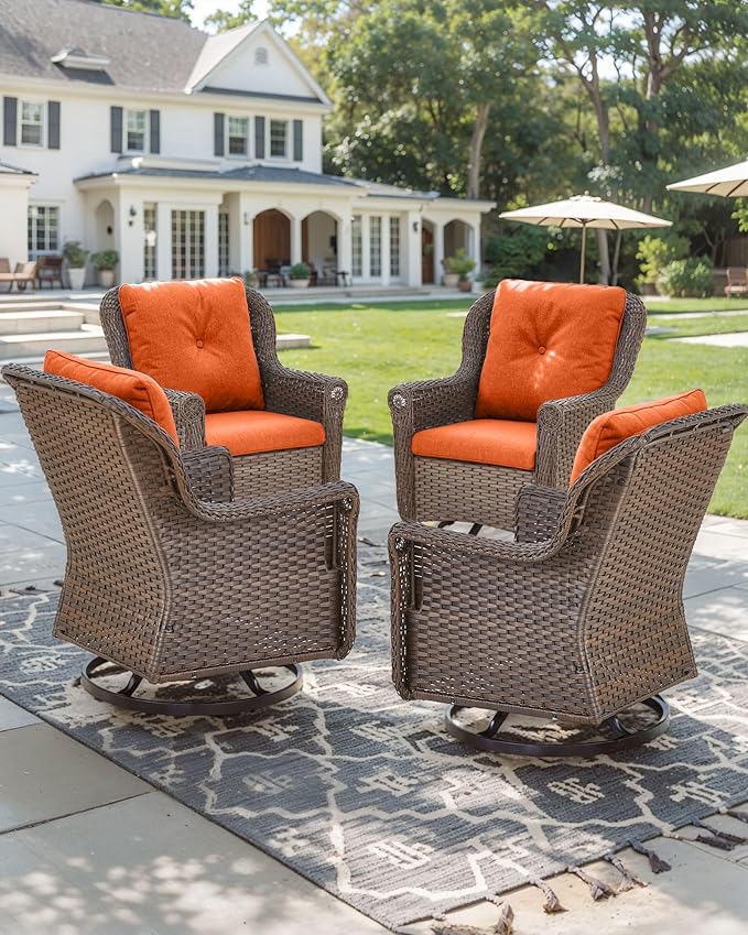 ACTREST Patio Chairs Outdoor Swivel Glider - Set of 4 High Back Outside Brown Wicker Rattan Rocking Chair with Thick Cushion for Porch Apartment Deck Yard Poolside Garden - Orange