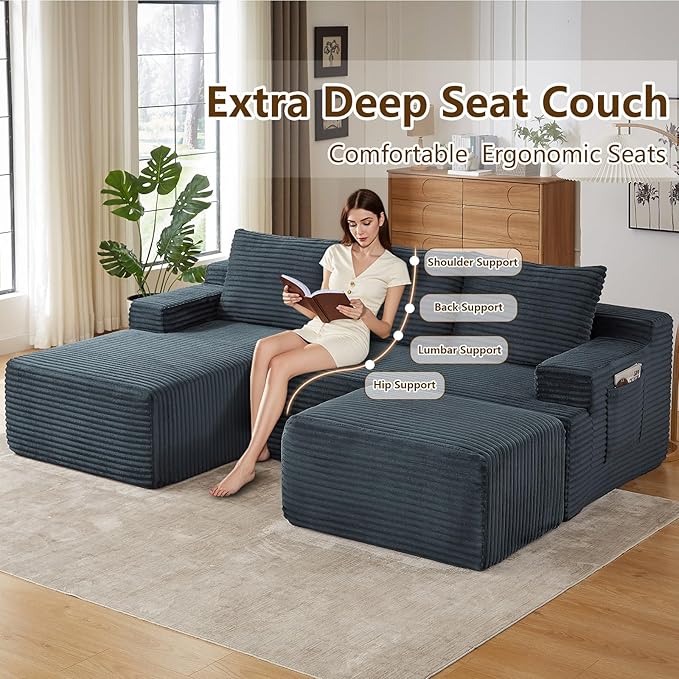 96" U-Shape Cloud Couch, Modern Modular Sectional L-Shape Sofa with Ottoman, Corduroy Upholstered Couches Deep Seat Sleeper Chaise Longue for Living Room, No Assembly Required(Dark Gray, Left Facing)