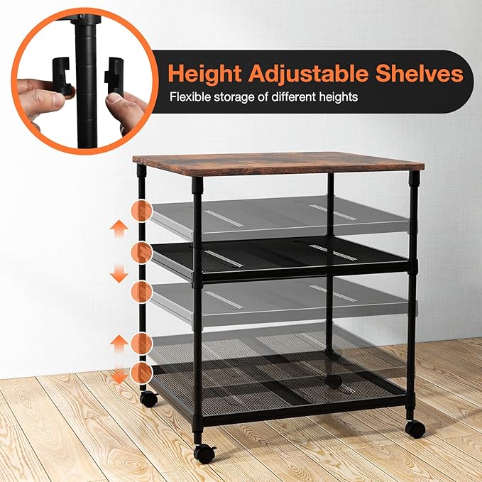 Giantex Printer Stand, 3-Tier Industrial Printer Cart with Lockable Wheels, Adjustable Shelves, Metal Frame, Mobile Under Desk Shelf for Home Office, Printer Table Fit Fax Machine, Scanner (Brown)