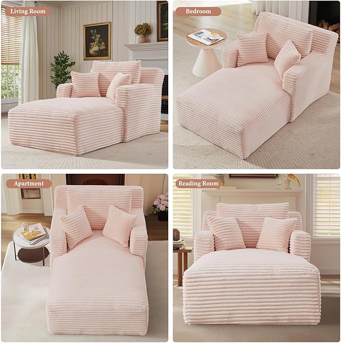 VEPXXP 65.4" Chaise Lounge Chair Indoor, Oversized Boneless Couch Comfy Upholstered Sleeper Sofa Bed with 3 Pillows, Corduroy Cloud Reading Chair for Living Room No Assembly Required, Pink