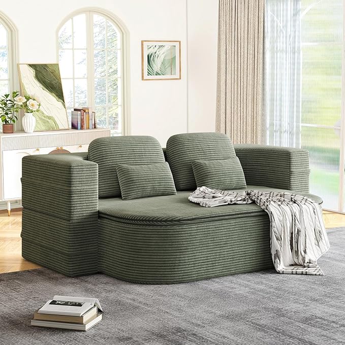 Antetek Convertible Sleeper Sofa, Modern Folding Futon Corduroy Floor Foam Compression Loveseat Sofa Bed Couch, Foldable Full Size Guest Bed with 4 Pillows for Living Room Bedroom Apartment, Green