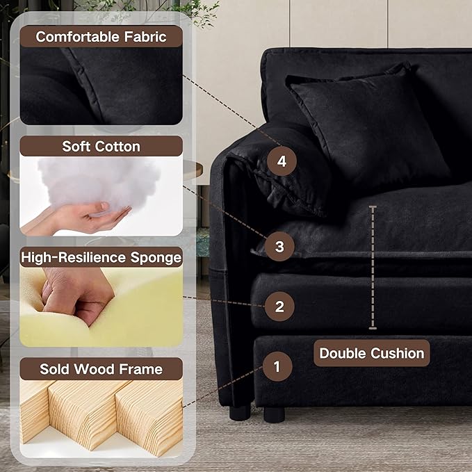RENDGO 109" Modular Sectional Sofa with 2 Ottoman, Chenille Cloud Couch for Living Room & Apartment, Deep Seat Comfort, Flexible U-Shape Combination Sofa for Home & Office,Black
