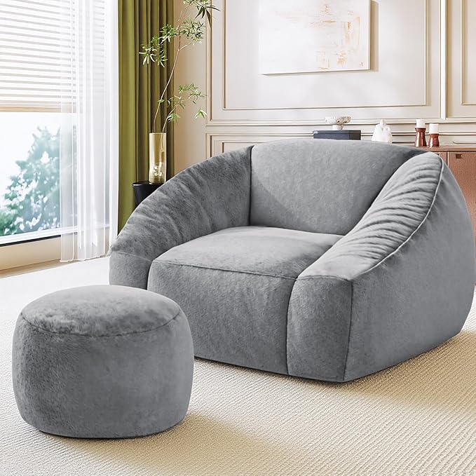 Bean Bag Chairs with Ottoman for Adults, Comfy Beanbag Chair with High-Resilience Foam, Oversized Bean Bag Sofa with Soft Faux Fur Fabric, Bean Bag Chair for Living Room,Bedroom,Dark Grey