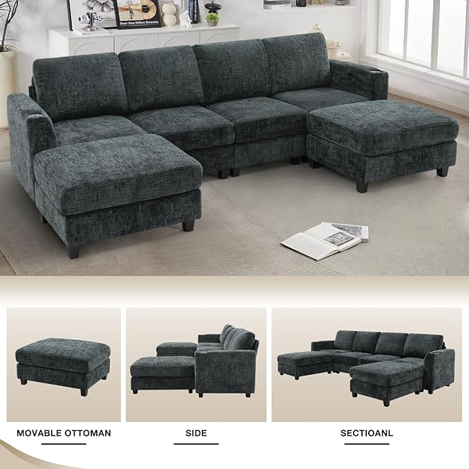 Lesofair 110" Convertible U-Shape Couch with 2 Flexible Ottomans, Soft Sectional Sofa with Durable Cup Holders, Chenille 4 Seater Sofa with Well-Filled Backrest for Living Room, House, Grey