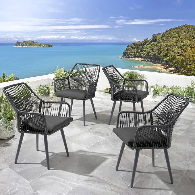 Patiorama Patio Dining Chair Set of 4,Woven Rope Outdoor Dining Chairs w/Steel Frame,All-Weather Twisted Rattan Chairs w/Armrest & Cushion,Outdoor Dining Wicker Chairs for Backyard Garden(Dark Grey)