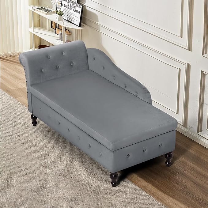 ACMEASE Upholstered Chaise Lounge with Left Armrest & Lumbar Pillow,Button Tufted Lounge Sofa with Storage,Lounge Chair Indoor,Modern Velvet Lounge Chair for Bedroom, Living Room and Office,Grey