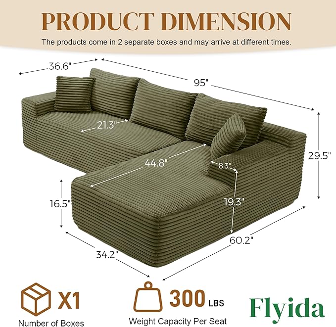 95" Boneless Cloud Sectional Couches for Living Room, Comfy Fluffy L Shaped Memory Foam Deep Seat Boneless Couch, Modular Sectional Sofa with Right Facing Chaise, Olive Green