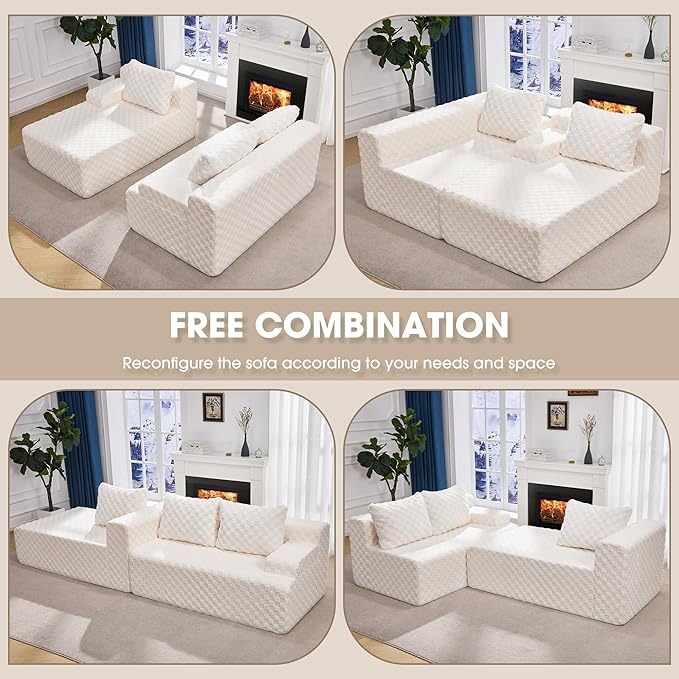 Modular Sectional Sofa Couches L-Shape Couch 3 Seat Modular Sofa Memory Foam Sectional Couches for Living Room, Cloud Couch with Oversized Chaise (White Check, 96" Left Facing Chaise)